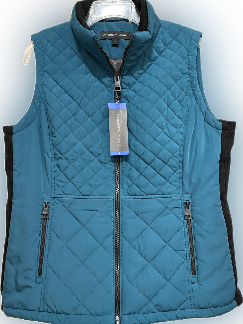 Andrew Marc Quilted Vest | Ribbed Knit Side Panels | Teal | Size L | NWT